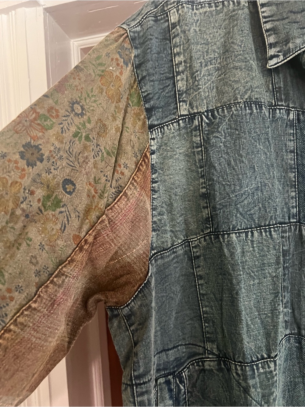 Young Threads Patchwork Washed Denim Button-Up Boho Shirt Jacket with pockets. - Picture 6 of 6